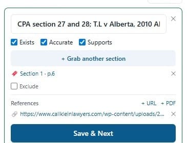 Zoomed-in verification panel showing the Exists, Accurate, and Supports checks for a cited authority