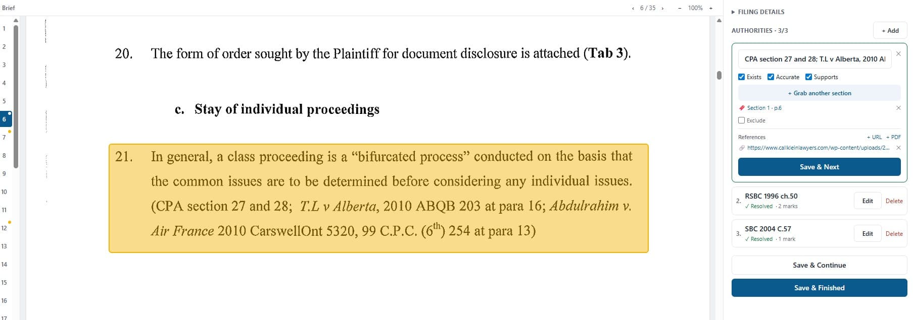 ComplyAssist citation-checking interface: a highlighted citation on the brief alongside the verification panel
